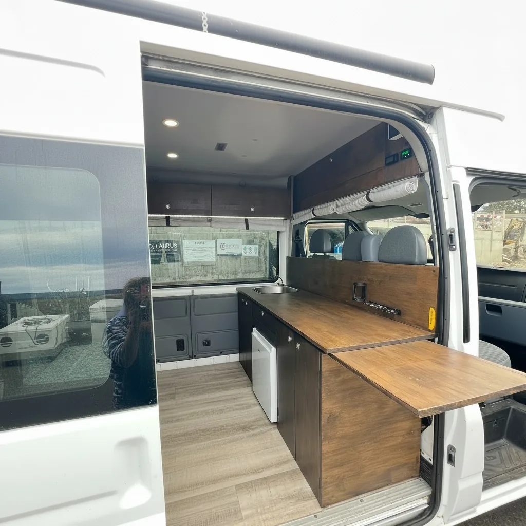 Areeiro campervan side door open kitchen view