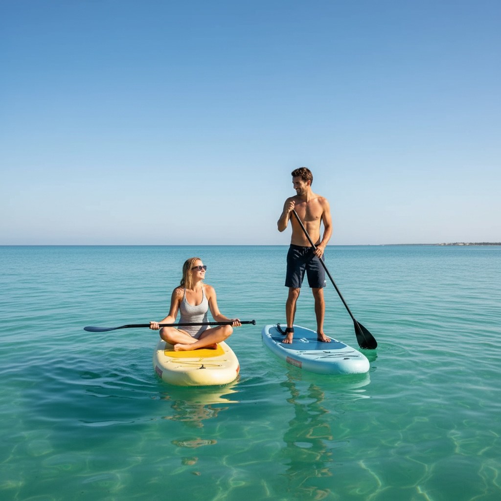 Stand-up paddleboarding in Madeira — couple on SUP boards on turquoise ocean