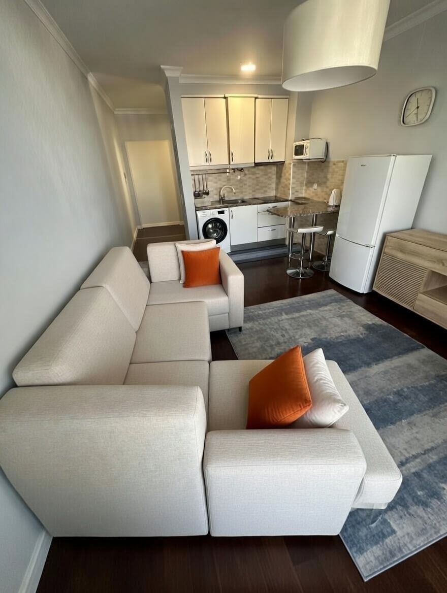 Living room with open kitchen, modern interior