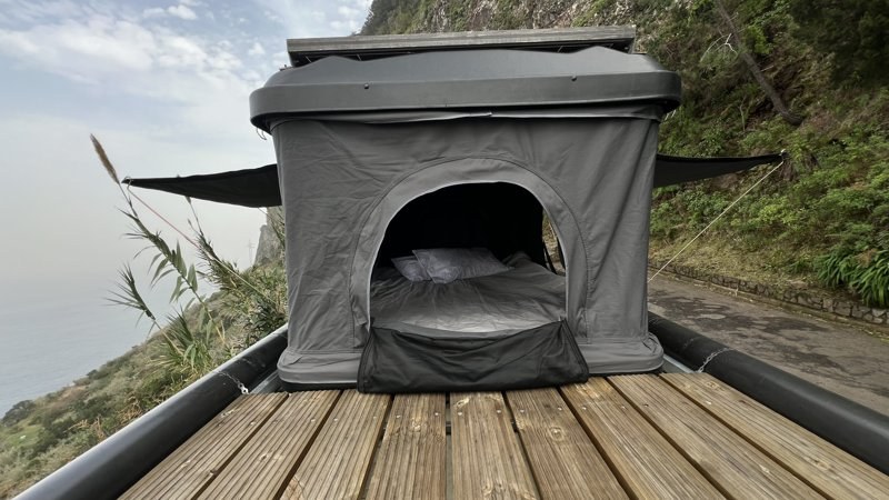 Geko rooftop tent open on Madeira cliffs